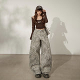 YC& Vintage High-Rise Loose-Fitting Broad-Legged Trousers Leopard-Print Scissors Trousers Set Autumn And Winter Hanging Sleek Jeans Woman