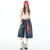 Seven-Point Trousers Women's Straight Loose High-Waisted Denim Short Midsley 2025 Dark Blue 2026 New Lysier Fiber