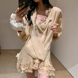 [Cational Sugar Bridle] Love The Woman A Retro V-Neck Shirt Atmosphere Lace Dress Three-Piece Set
