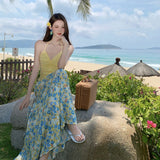 2025 French Atmosphere Print Sling Suit Dress Women's Summer Vintage Flowers Ribbon Holiday Long Skirt