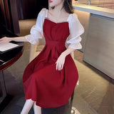 Sweet French Red Dress Women Five-Sleeve 2025 Summer New Waist Display Thin Long Dress A-Word Skirt