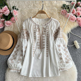 Vintage Embroidery Skin Breathable National Style Shirt Women Long Sleeves Loose Thin Tamples With Lantern Sleeve Commuter Top