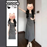 Round Collar Folded Waist Dress Women's Summer 2026 New Gray Small French A-Word Long Dress
