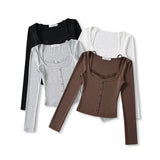 Pure Hot Girl Sexy Short Shirt Early Autumn Fake Two Lace Long-Sleeved T-Shirt Inside The Gray Bottom Shirt New