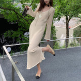 French Hollow U Tie Lace Crochet Crochet Flower Long-Sleeved Dress