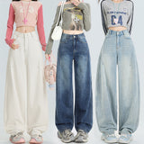 Mid-2025 New Dark Features Back Bag High-Waisted Broad-Legged Jeans Women Thin Straight-Tipped Loose Drag Trousers