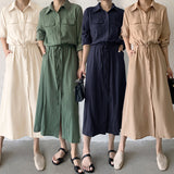 Real Shooting Japanese And Korean Fashion Dress Women's Double Pocket Long Sleeve Long Casual Collar Dress Shirt Dress 7 Colors