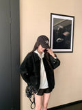 [Original Snowflake Peel] Maillard Retro Leather Jacket Women's Autumn Loose Collar Casual Locomotive Jacket