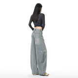 Vintage Scissors Jeans Female Star Print Pants Loose Straight Water Wash Old Broad Leg Pants