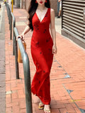 Rose Red V-Necked Dresses Women's Summer Cash Bags Vacation Dresses Women's Summer Dresses
