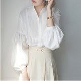 JOJOZ French Retro Dark Strip Pit Pressure Folding Small Standing Collar Loose Fashion Lantern Sleeve Cotton Shirt