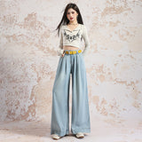 Light-Colored Ice Silk Cowboy Broad Leg Trousers Women 2026 Summer Thin Silk Loose Thin Falling Straight Trousers