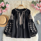 Vintage Embroidery Skin Breathable National Style Shirt Women Long Sleeves Loose Thin Tamples With Lantern Sleeve Commuter Top