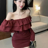 New Body-Repair Lotus Collar Dress Temperament Autumn Design Folds Thin Skirt Without Belt Hottie Sexy Word