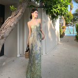 2026 High-End Design Beautiful Sling Dress Women's Summer Mesh Printing Temperament Lanky Seaside Vacation