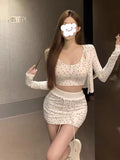 Spring Wear A Full Set Of Women's Long Sleeves Sleeve Sling Sling Vest Pure Hot Girl Casual Shorts Three-Piece Set