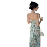 2025 Smart Impression Vintage Niche Design Holiday Atmosphere With A Feeling Of Hanging Neck Prints Bare Back Dress Summer
