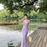 Sexy Pure Ambience Feel Back Purple Dress Slimy Tossed Fishtails Holiday Dress