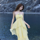 Small-Sized Design High-End Tea Break French Chic Beauty Small Fragrant Wind Seaside Holiday Yellow Hanging Neck Dress