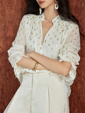 | Hot Gold Chiffon Gold Leaf Pattern | Zhi Sprinkled Gold Glass Buckle | Small Straight Straight Shirt Woman