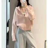 Korean Atmosphere Feels Autumn And Winter Wearing A Pink Sweater Wearing A Female Zipper Coat Hooded Knitted Open Shirt