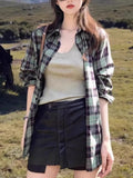Vintage British Style Green Plaid Shirt Coat Women's Spring And Autumn Leisure Free And Loose Long Folding Shirt