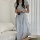 Korean Ins Temperament Simple Summer Cool Feeling Round Neck Short Sleeves With Long Dress 3 Colors