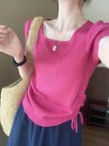 Simple Style Collar On Both Sides Of The Drawstring Short Sleeve 2025 Summer New Korean Version Of The Casual Temperament Pure Color T-Shirt Top