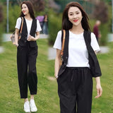 Imitation Cotton Ocean Gas Casual Fashion Set Women's Sports Summer Women's Short-Sleeved Loose Trousers Three-Piece Set