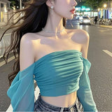 2025 Summer Live Clothes Female Anchor A Word Shoulder Mesh Long Sleeve Folds Short Coat Female Slime Delicate