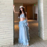 2026 New Niche Skirt Set Blue Slings Half Skirt Loose Vacation Two Sets