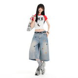 Puppy Embroidered Broad-Legged Seven-Point Jeans Women Low-Rise Loose Straight Eight-Point Thin Jeans