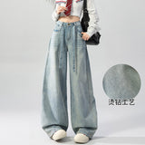 2026 New Heavy Industry Full Of Stars Hot Diamond Straight Jeans Women's Small Loose Thin Leg Drag Trousers