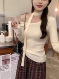 Black Body Ribbon De-Yvet Bottom Shirt Women Spring And Autumn New Design Feel Shoulder Tidling Shoulder Tide