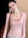 Pink U-Neck Front Shoulder Sunscreen Long-Sleeved T-Shirt Women Summer With Slings Out Two Sets Of Tulle Air Conditioning Tops