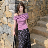 Purple One-Word Shoulder Short-Sleeved T-Shirt Temperamental Blouse Female Summer Sweet Broken Flower Dress Gentle Fashion Suit Woman