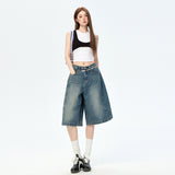 3016 Retro-Blue Retro Five-Point Trousers Shorts Men's Summer Loose Broad Leg Pants Spandex