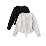 Sexy Pure Lust Style Lace Lace Design White Shirt Female Hottie Tied Door To Waist Temperament Long-Sleeved Top