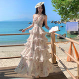 2026 New French Holiday Style Print Hanging Neck Chiffon Cake Dress Women's Collar Dress Summer Super Fairy Photo