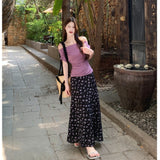 Purple One-Word Shoulder Short-Sleeved T-Shirt Temperamental Blouse Female Summer Sweet Broken Flower Dress Gentle Fashion Suit Woman