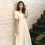 White Gentle Style French Retro Hepburn Style Dress Thin Temperament Waist Collar Bubble Sleeve Dress Woman Summer