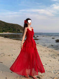 French Beautiful Irregular Lotus Leaf Side Red Sling Dress Female Summer Seaside Atmosphere Temperament Dress