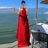 2025 Red Hanging Neck With A Hundred Folding Dress Dress Travel Vacation To Take Pictures Of The Folds Of Sanya Beach Dress
