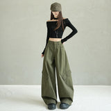 Autumn New Green Loose Broad-Legged Trousers Women High-Waist Casual Trousers Lengthened Thin