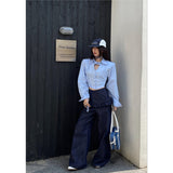 Korean Chic Niche Design Lace Skirts To Fake Two Straight Trousers Thin Deep Blue Jeans