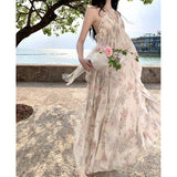 French Retro Oil Painting In The Flower Fairy Holiday Dress Print Long Temperament Hanging Neck Hanging Dress