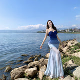 French Blue Gradient Tset Skirt Long High-End Feel Waist-Buffed Fishtail Seaside Holiday Dress