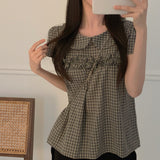 Korean Sweet Age-Bearing Doll Tie Wooden Ear Splicing Short Sleeve Lattice Shirt Woman Loose Thin Wind Top