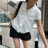 2026 Summer New Girl Feeling Four Button Doll Collar Casual Short-Sleeved Shirt Top 2 Colors