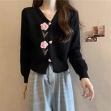 Thick And Gentle Little Fragrant Style Short Knitted Cardigan Sweater Autumn New Sweet Three-Dimensional Flowers Pink Clothes